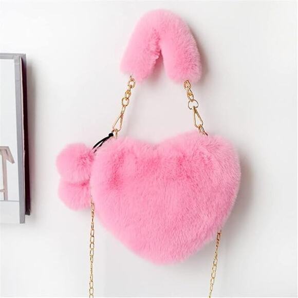 Soft Warm Faux Fur Fuzzy Crossbody Bag Heart Shape Plush Purse Women Wallets - Picture 2 of 5